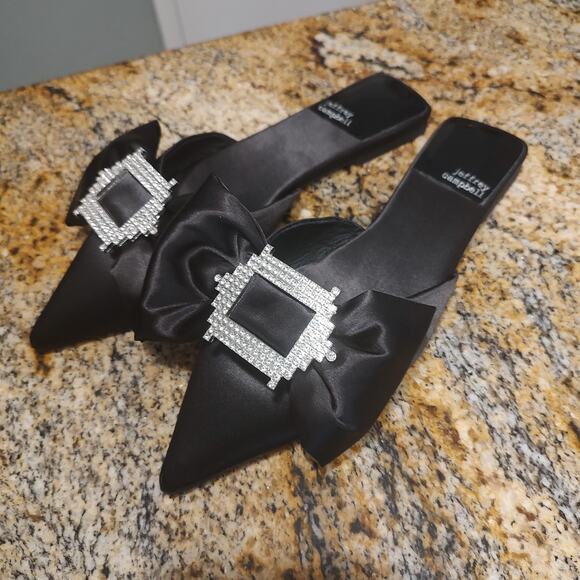 Jeffrey Campbell Black Satin Rhinestone Slip-On Mules Size 8.5 - Picture 2 of 12